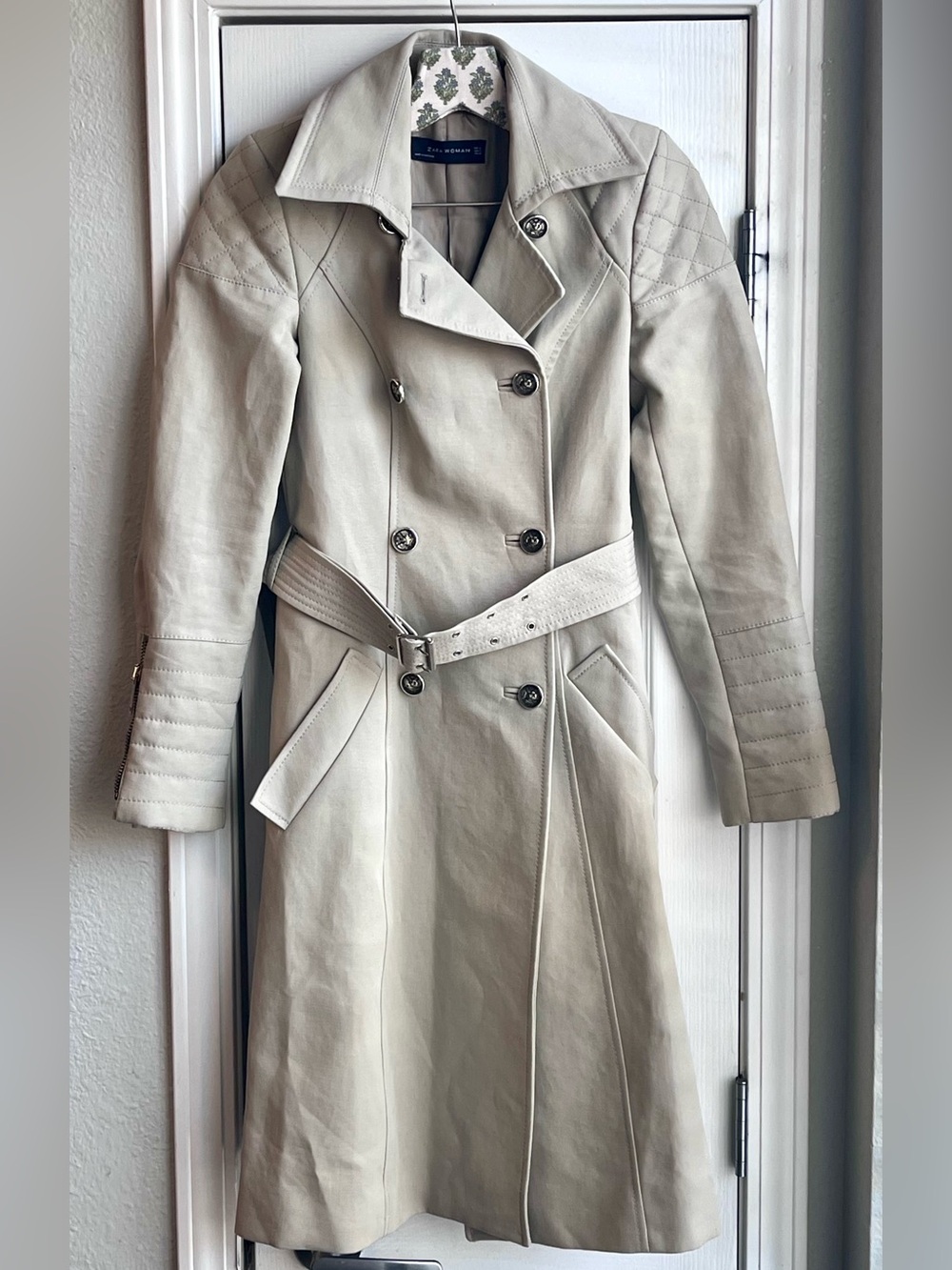 ZARA WOMAN 100% Cotton Double Breasted Trench Coat Quilted Shoulders Cream XS
